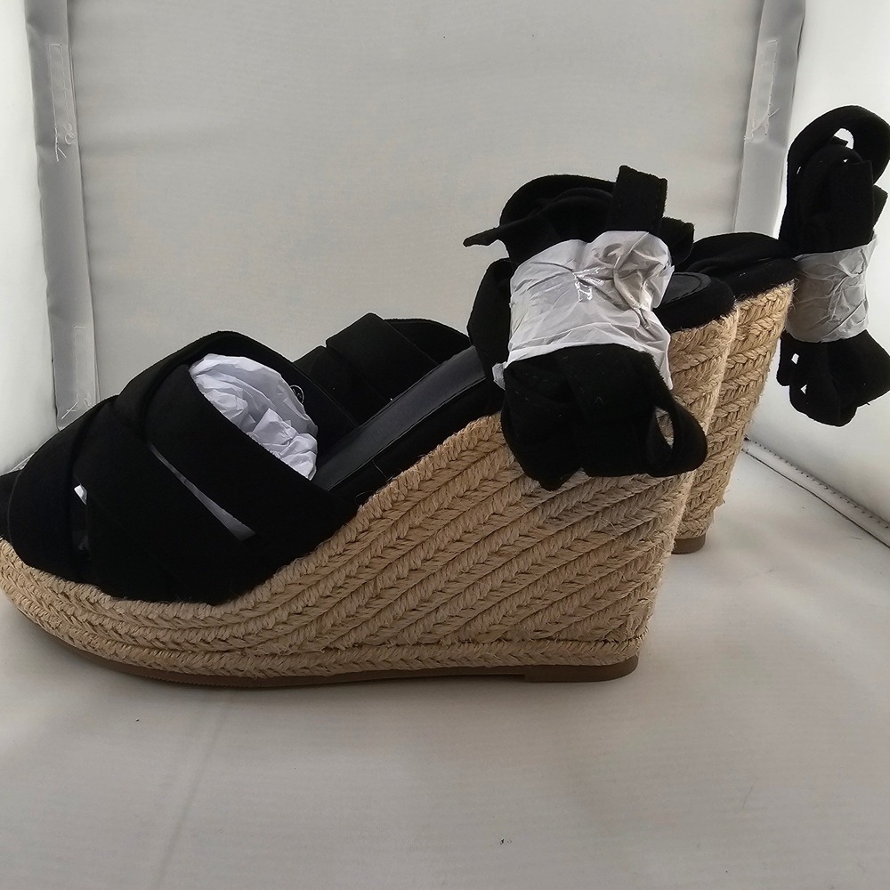 LAICIGO Women's Black Faux Suede Open Toe Espadrille Wedge Sandals Size 8.5‎ New - Picture 7 of 11